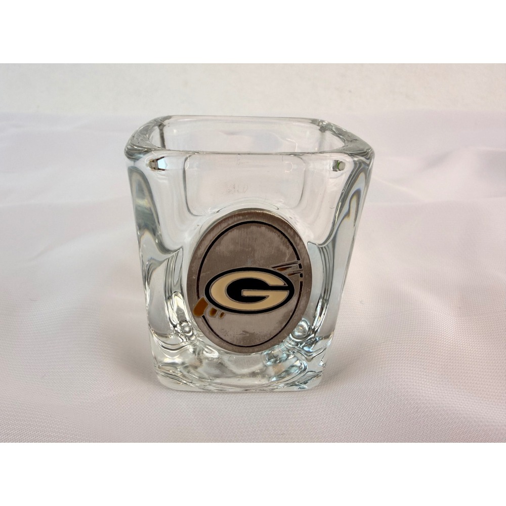 Green Bay Packer NFL Shot Glass Square Fine Pewter Emblem M2019-3SSQ Clear Glass